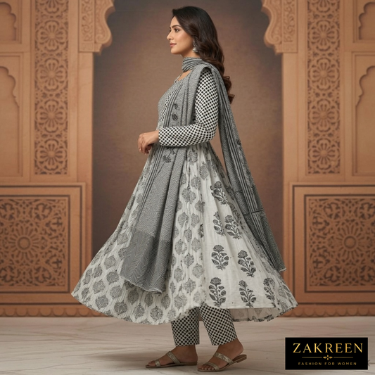 Women's Black & White Printed Pear Cotton Anarkali Kurta Set with Dupatta