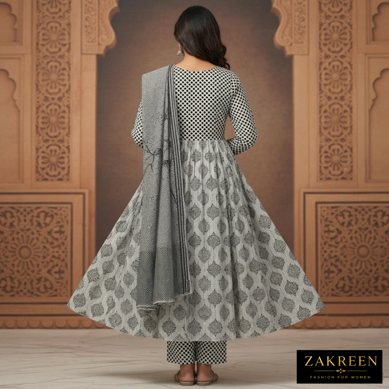Women's Black & White Printed Pear Cotton Anarkali Kurta Set with Dupatta
