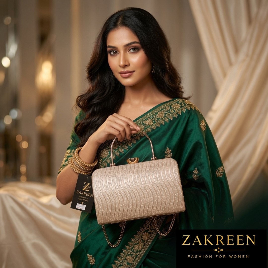Zakreen Luxury Champagne Gold Evening Clutch Bag for Women | Designer Party & Wedding Handbag with Chain Strap