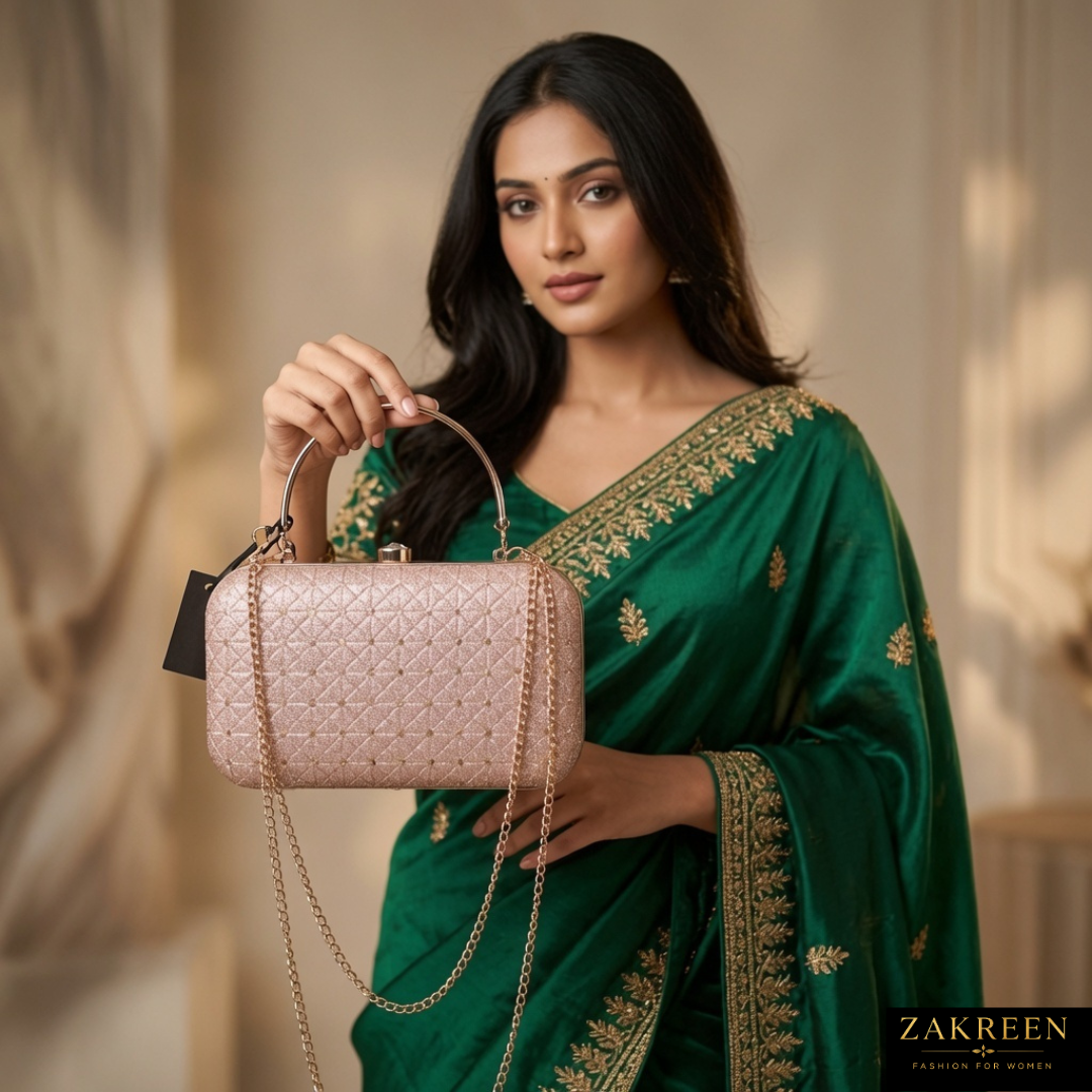 Zakreen Luxury Glitter Evening Clutch Bag for Women | Rose Gold Party Wedding Handbag with Chain Strap