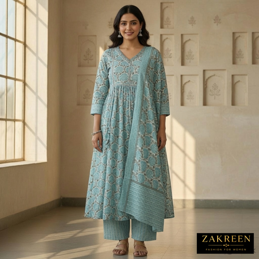 Pear Cotton Anarkali Kurta Set for Women | Zakreen