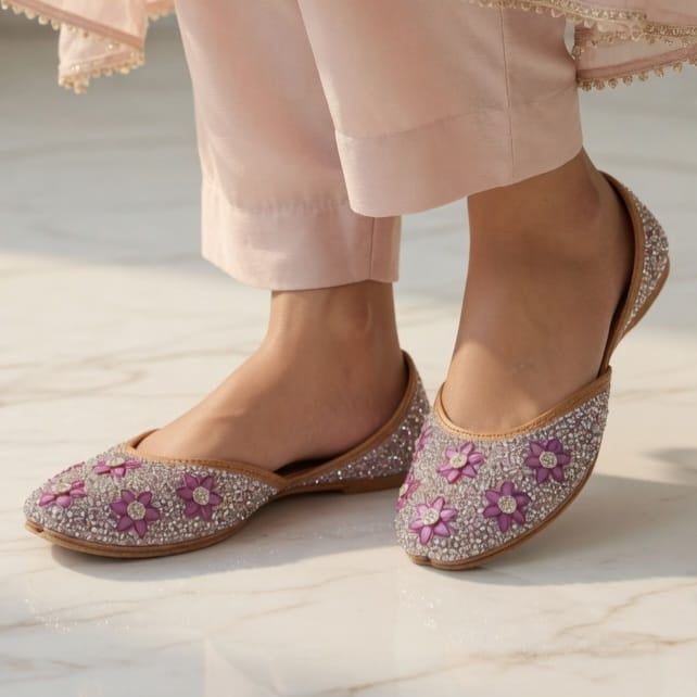 Purple Floral Crystal Embellished Women's Mule Jutti | Zakreen