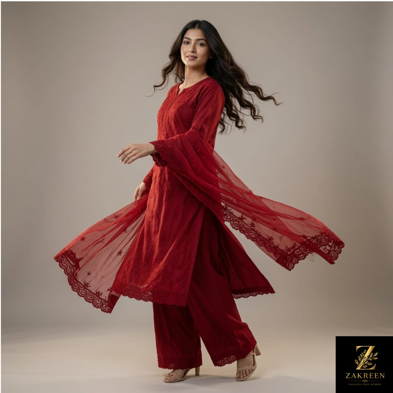 Women's Maroon Straight Kurta Palazzo Set with Net Dupatta | Elegant Ethnic Party Wear Suit for Women | Zakreen