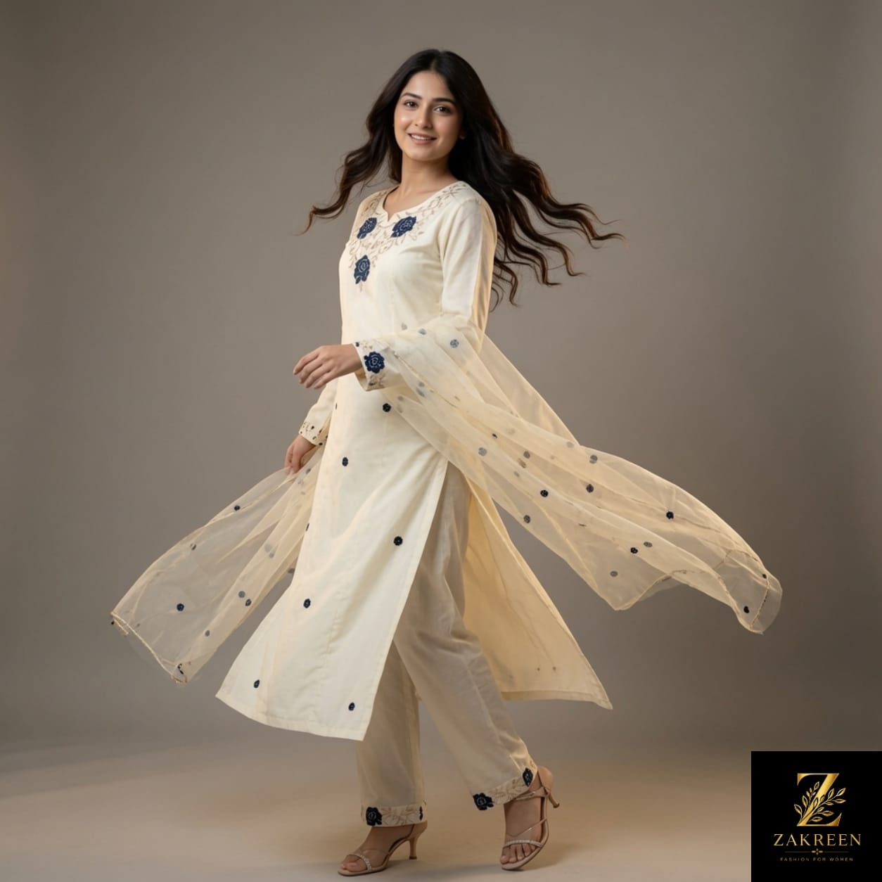 Women's Cream Embroidered Kurta Pant Set with Net Dupatta | Elegant Ethnic Party Wear Suit for Women | Zakreen