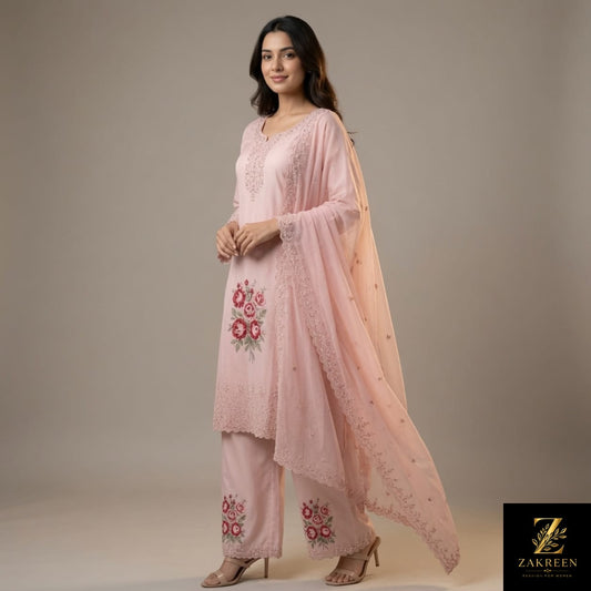 Women's Light Pink Floral Embroidered Kurta Palazzo Set with Net Dupatta | Designer Party Wear Ethnic Suit for Women | Zakreen