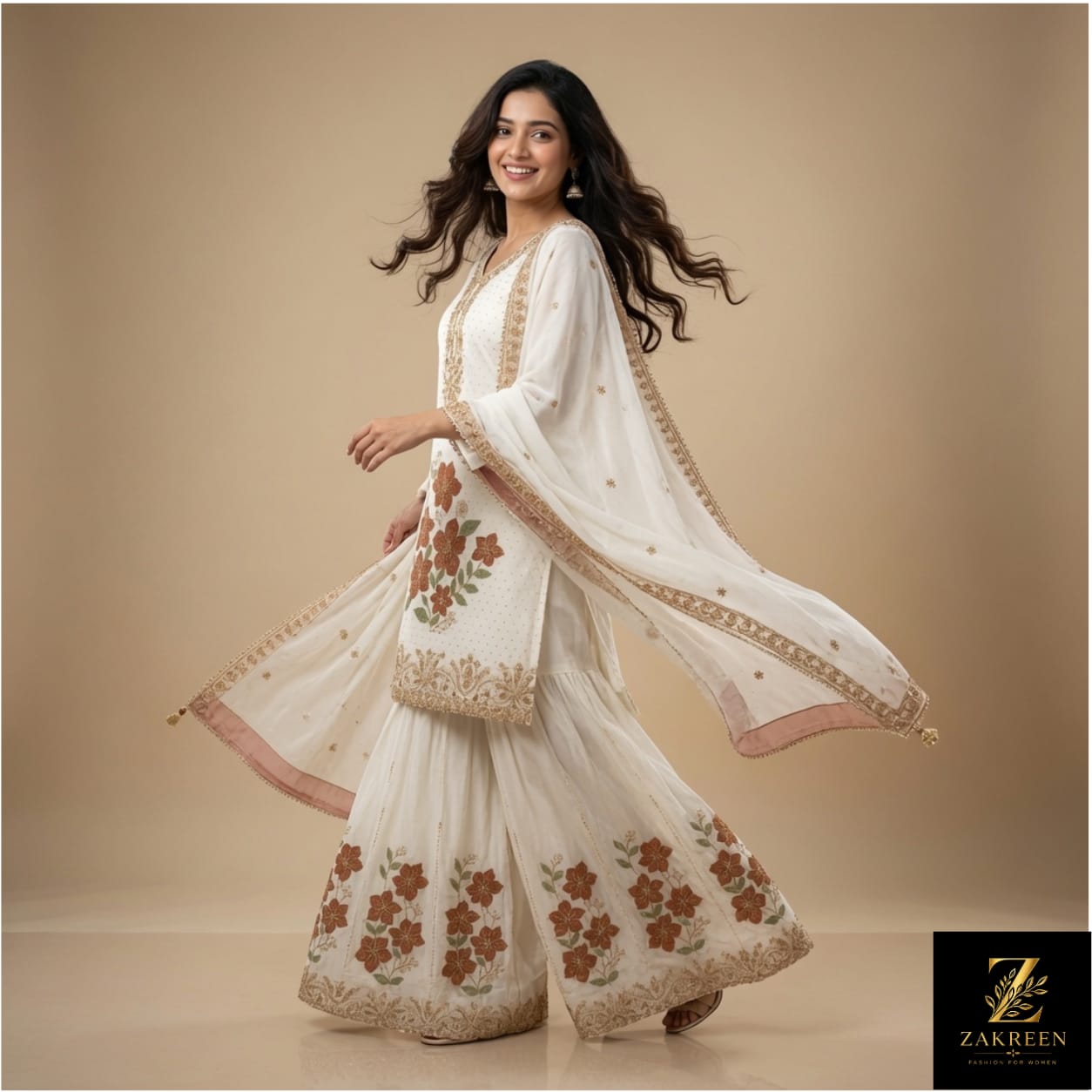 Women's White Floral Embroidered Kurta Sharara Set with Dupatta | Premium Party Wear Ethnic Suit for Women | Zakreen
