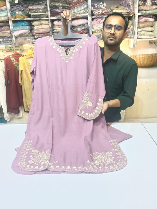 Premium Pakistani Embroidered Kurti for Women | Lavender Floral Thread Work Dress