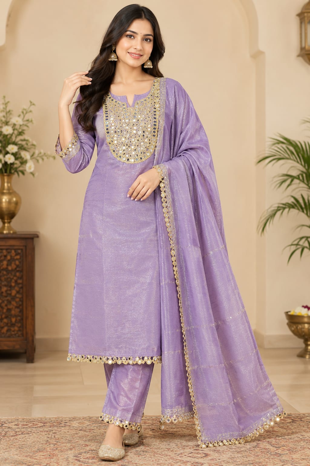 Lavender Purple Embroidered Kurta Palazzo Set with Dupatta for Women | Festive & Party Wear Suit