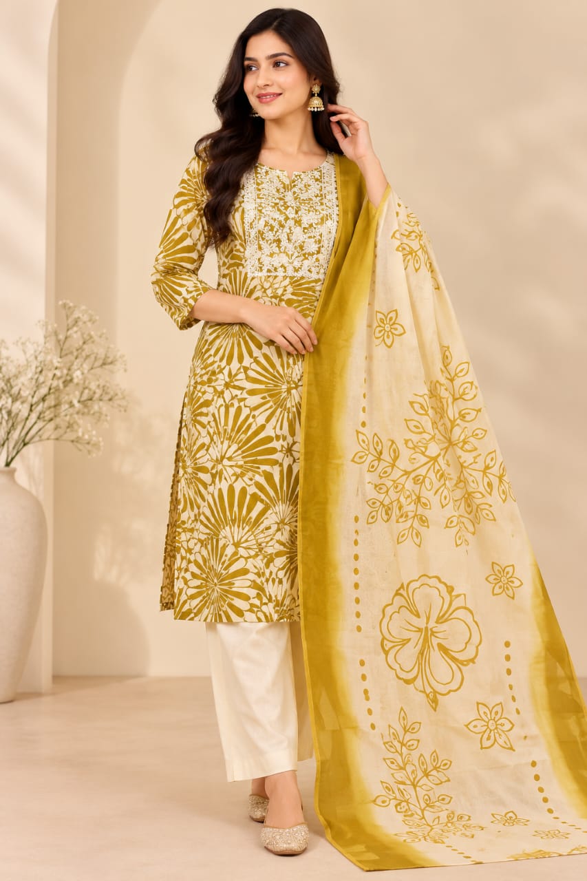 Mustard Yellow Floral Printed Kurta Pant Set with Dupatta for Women