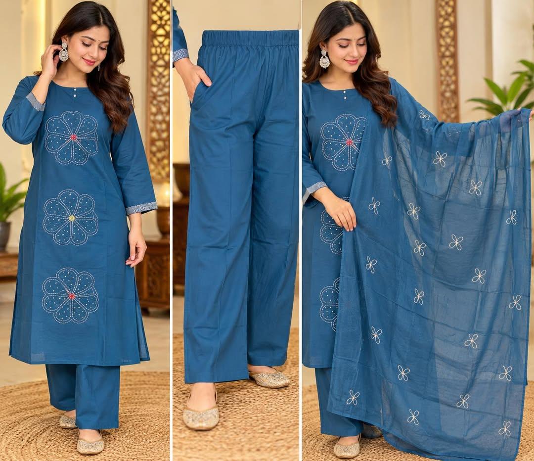 Women’s Teal Blue Floral Embroidered Kurta Pant Set with Dupatta | Elegant Ethnic Wear