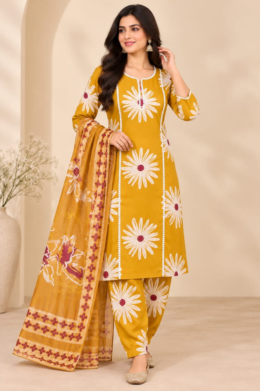 Mustard Yellow Floral Printed Kurta Pant Set with Dupatta for Women