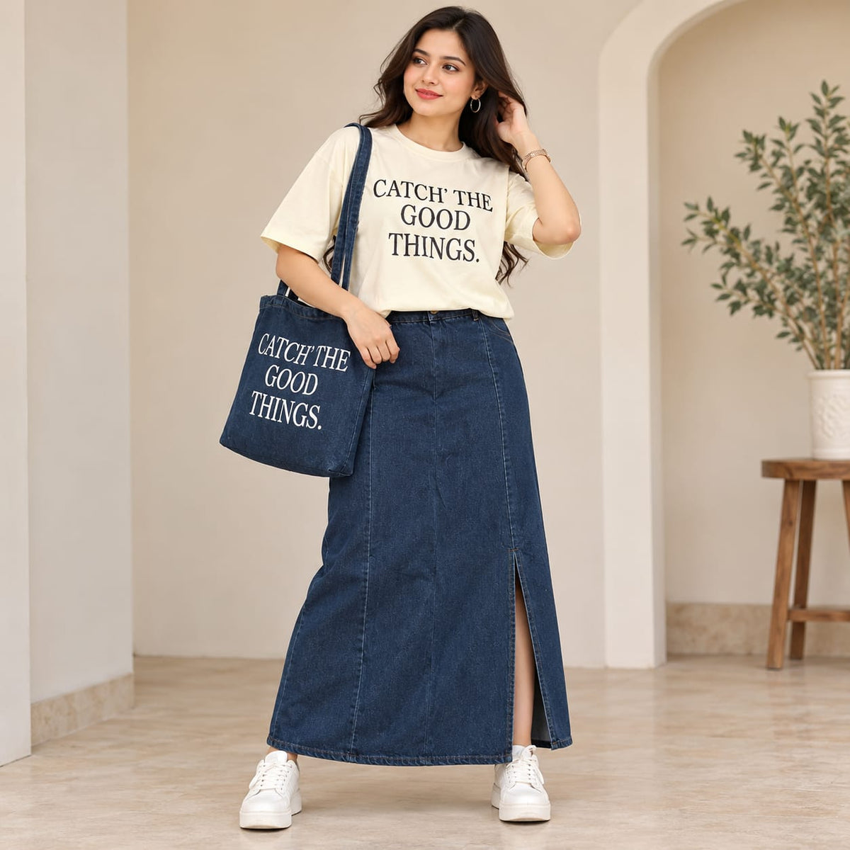 Korean Style Women’s Denim Maxi Skirt with Graphic T-Shirt & Tote Bag