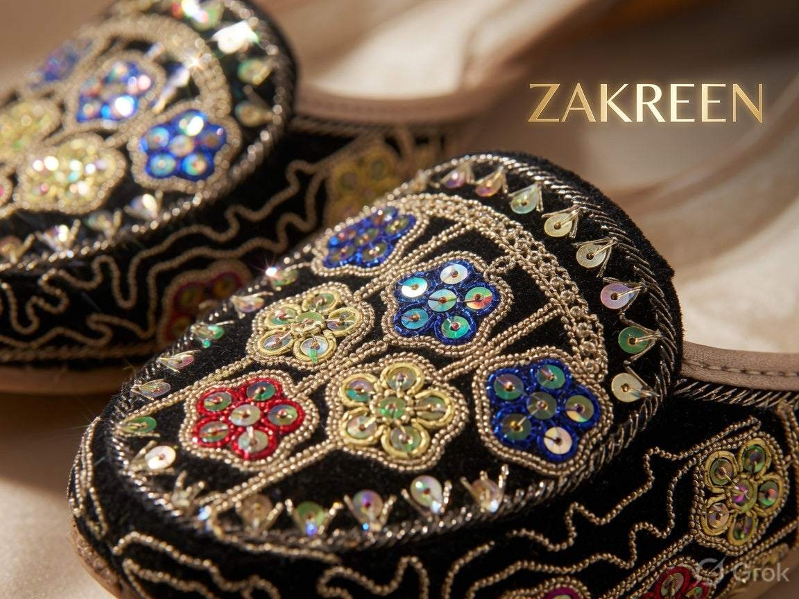 Zakreen Women's Premium Black Embroidered Punjabi Jutti | Handcrafted Ethnic Flat Shoes