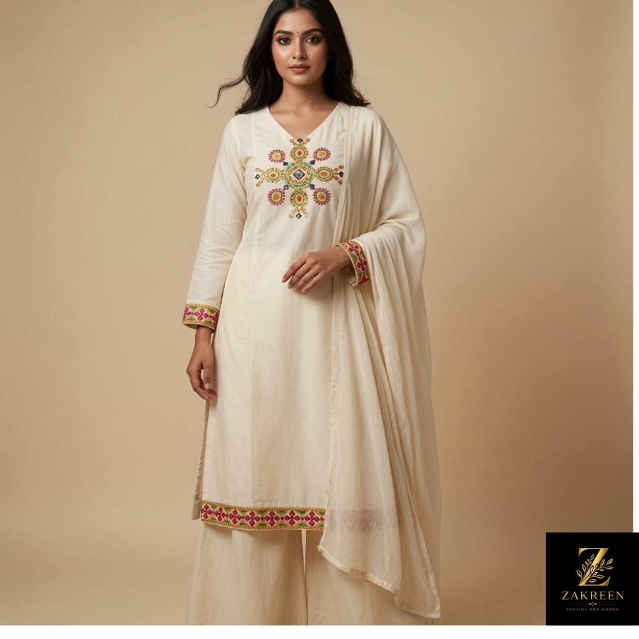 Zakreen Women's Off White Embroidered Kurta Palazzo with Dupatta Set | Elegant 3-Piece Ethnic Suit for Festive & Casual Wear