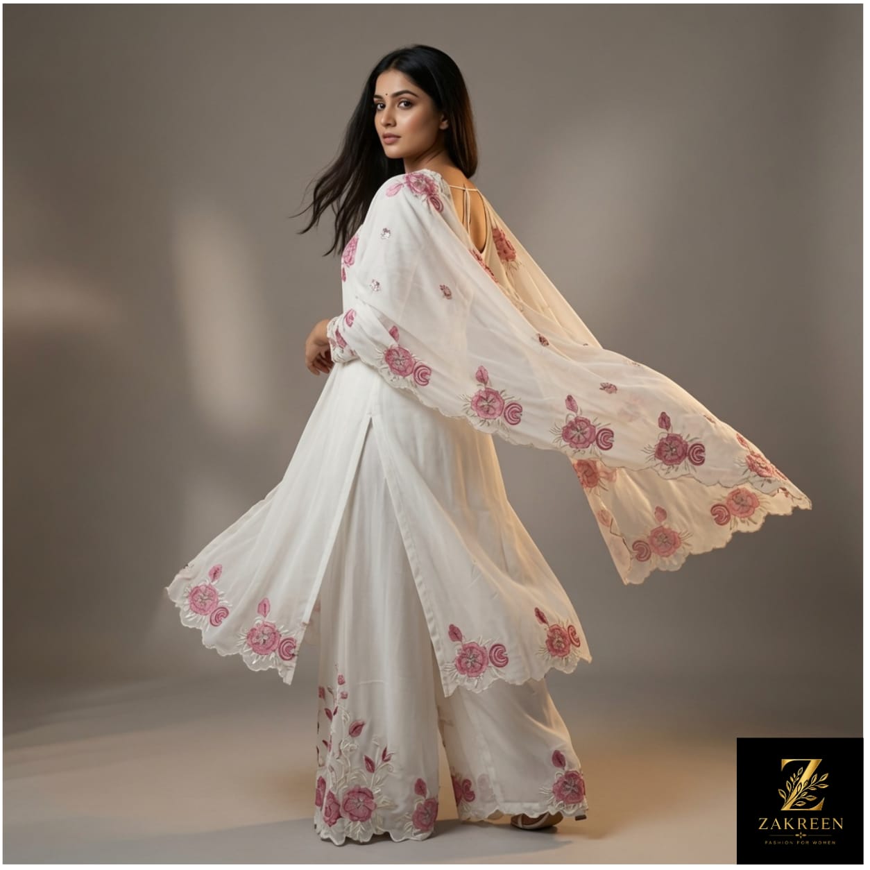 Zakreen Women's White Floral Embroidered Kurta Palazzo with Dupatta Set | Premium 3-Piece Ethnic Suit for Festive, Wedding & Party Wear