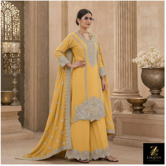 Zakreen Women's Mustard Yellow Embroidered Kurta Palazzo Set with Dupatta | Premium Festive & Wedding Wear