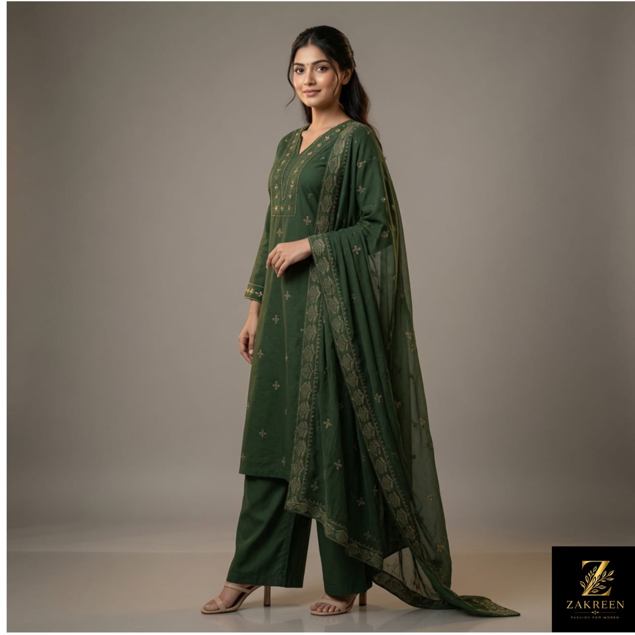 Zakreen Premium Dark Green Embroidered Kurta Pant Set with Dupatta for Women | Elegant Festive & Party Wear Ethnic Suit
