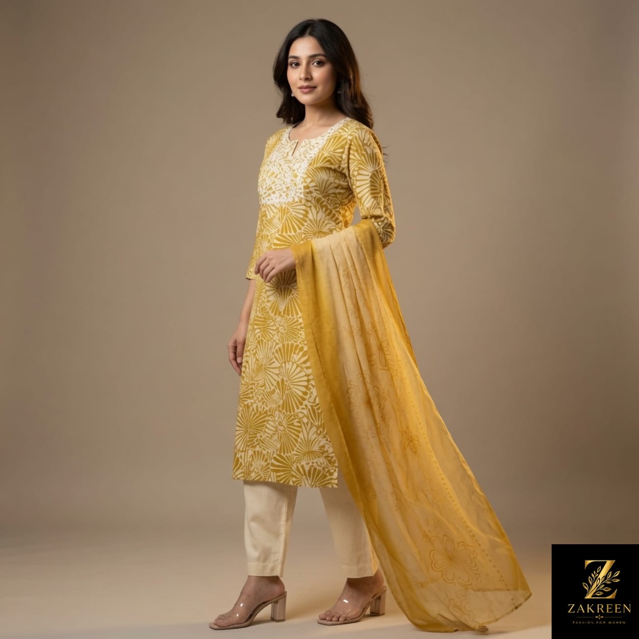 Zakreen Women's Mustard Printed Cotton Kurta Pant Dupatta Set | Elegant Ethnic Wear for Casual, Office & Festive Look