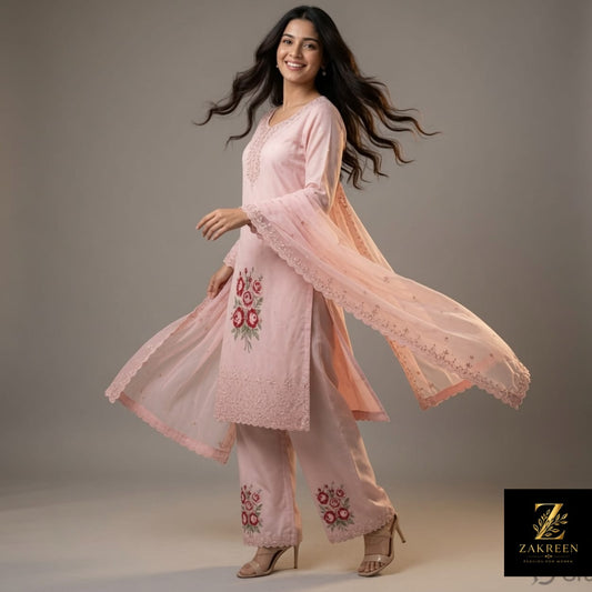 Zakreen Women's Blush Pink Embroidered Kurta Pant Set with Organza Dupatta