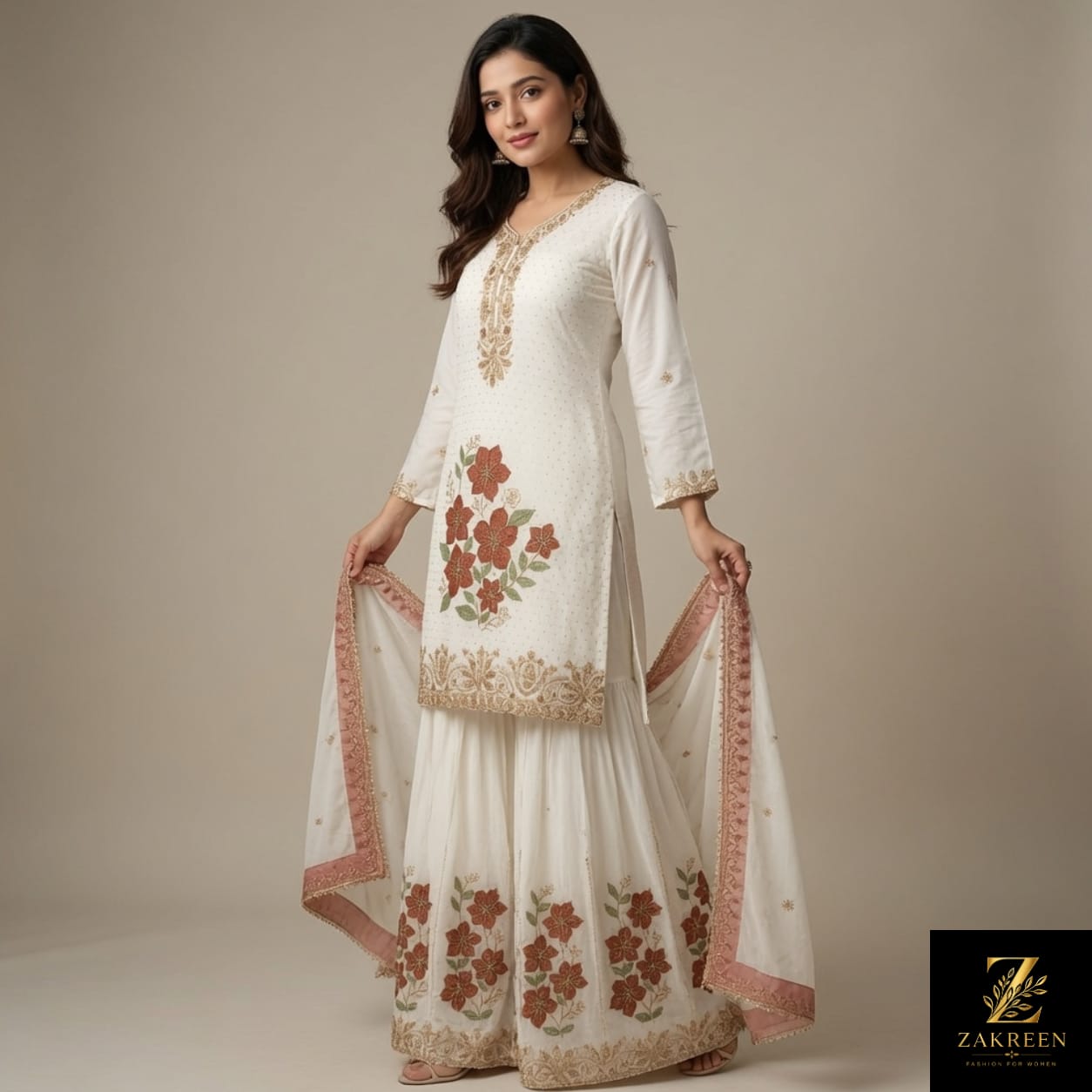 Zakreen Women's Off White Floral Printed Kurta Sharara Set with Dupatta | Festive & Party Wear Ethnic Suit