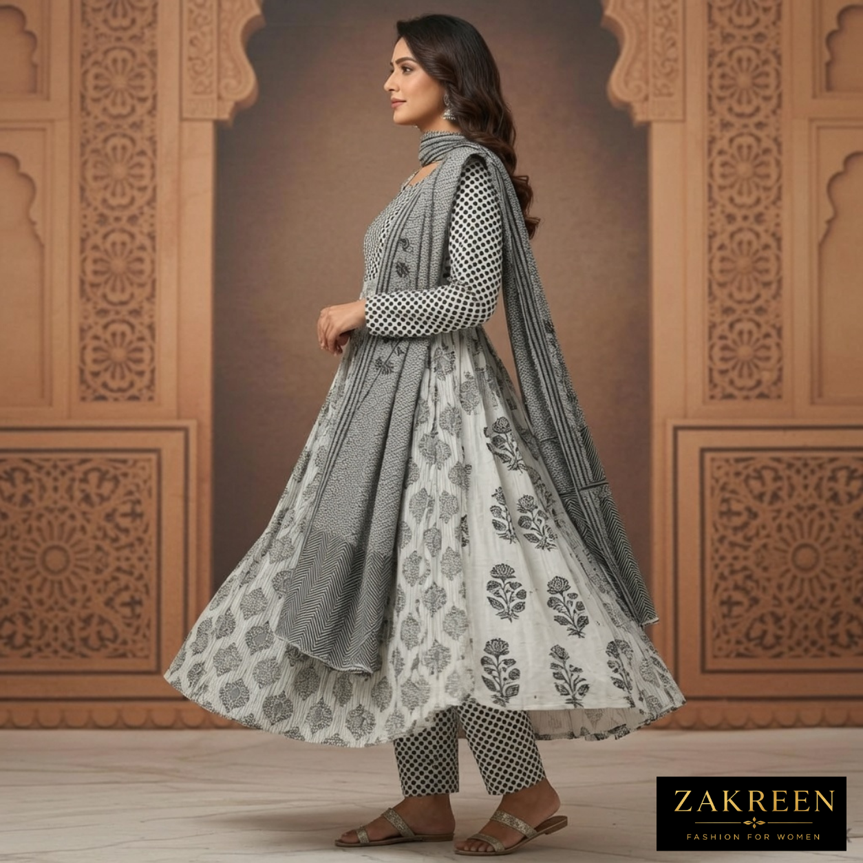 Women's Black & White Printed Pear Cotton Anarkali Kurta Set with Dupatta