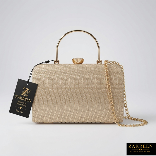 Zakreen Luxury Champagne Gold Evening Clutch Bag for Women | Designer Party & Wedding Handbag with Chain Strap