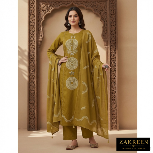 Women's Mustard Embroidered Cotton Kurta Pant Set with Dupatta