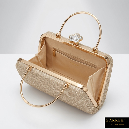 Zakreen Luxury Champagne Gold Evening Clutch Bag for Women | Designer Party & Wedding Handbag with Chain Strap