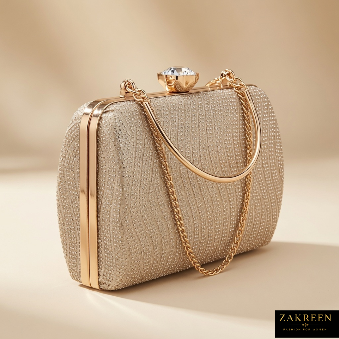 Zakreen Luxury Champagne Gold Evening Clutch Bag for Women | Designer Party & Wedding Handbag with Chain Strap