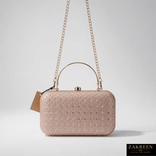 Zakreen Luxury Glitter Evening Clutch Bag for Women | Rose Gold Party Wedding Handbag with Chain Strap