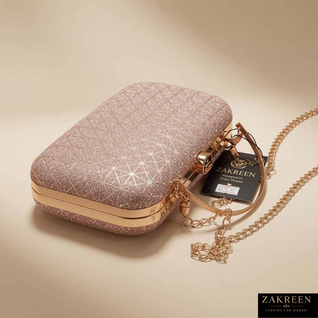 Zakreen Luxury Glitter Evening Clutch Bag for Women | Rose Gold Party Wedding Handbag with Chain Strap