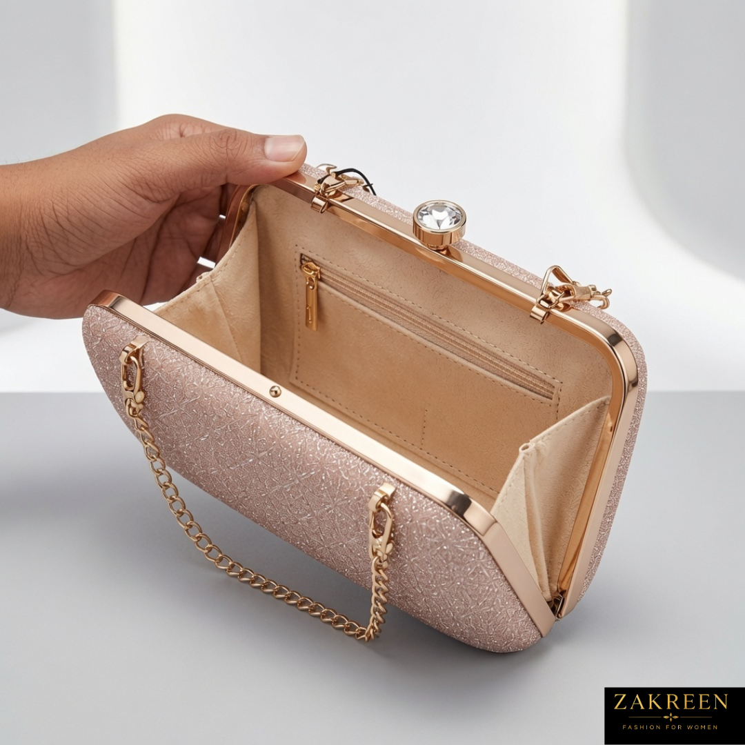 Zakreen Luxury Glitter Evening Clutch Bag for Women | Rose Gold Party Wedding Handbag with Chain Strap