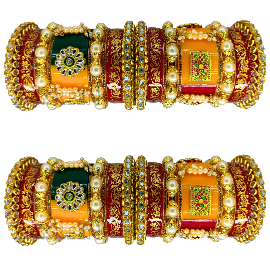 राजस्थानी पारंपरिक दुल्हन चूड़ा – लाल और नारंगी कलर में मोती और कुंदन वर्क के साथ