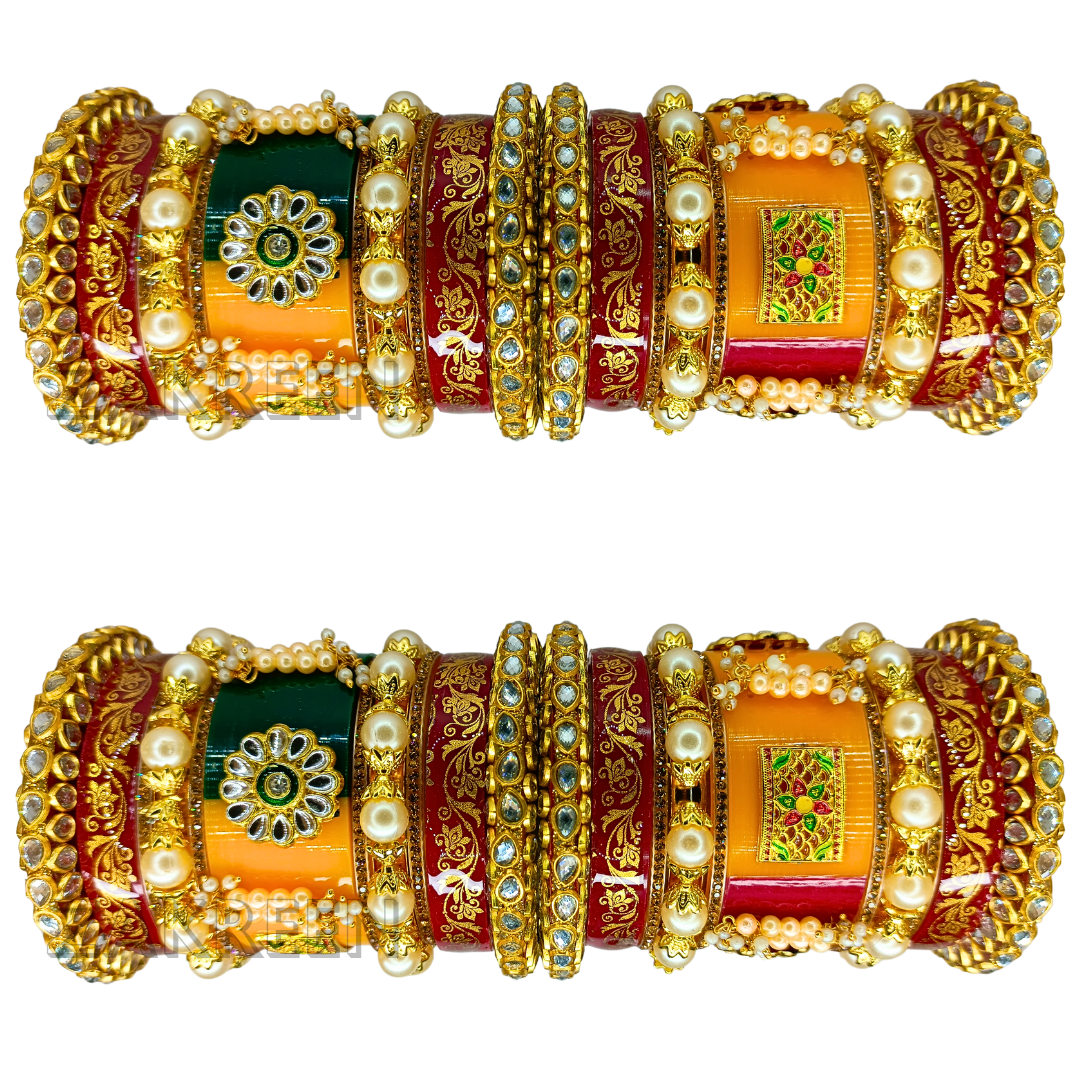 राजस्थानी पारंपरिक दुल्हन चूड़ा – लाल और नारंगी कलर में मोती और कुंदन वर्क के साथ