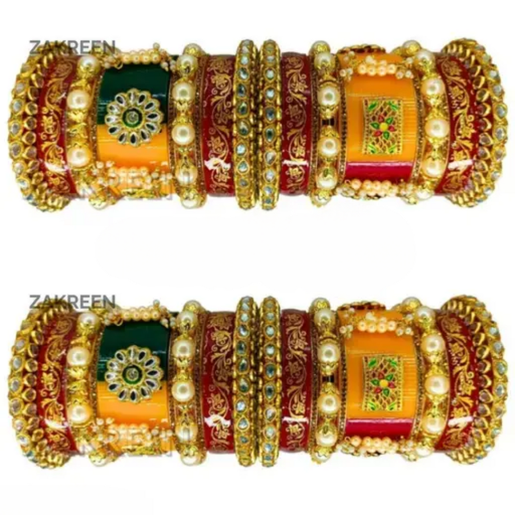 Royal Bridal Chura Set: Red and Yellow Kundan, Pearls & Intricate Carving