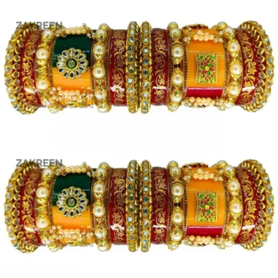 Royal Bridal Chura Set: Red and Yellow Kundan, Pearls & Intricate Carving
