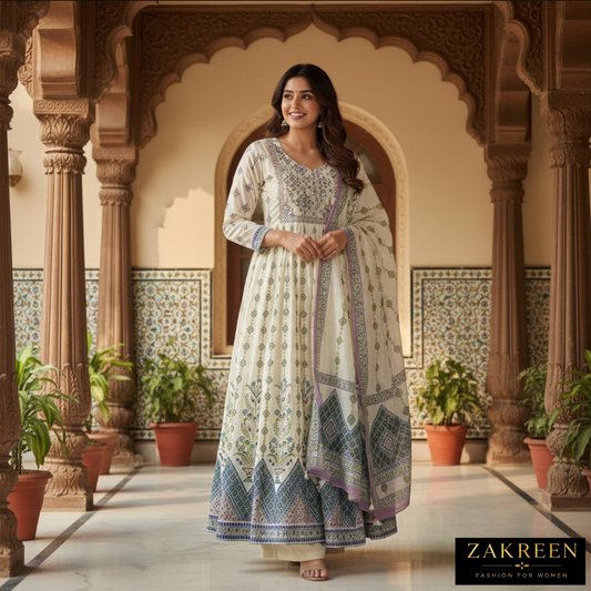 Zakreen Women’s Floral Anarkali Kurta Set with Dupatta | Elegant Ethnic Wear for Ladies | Designer Party & Festive Suit