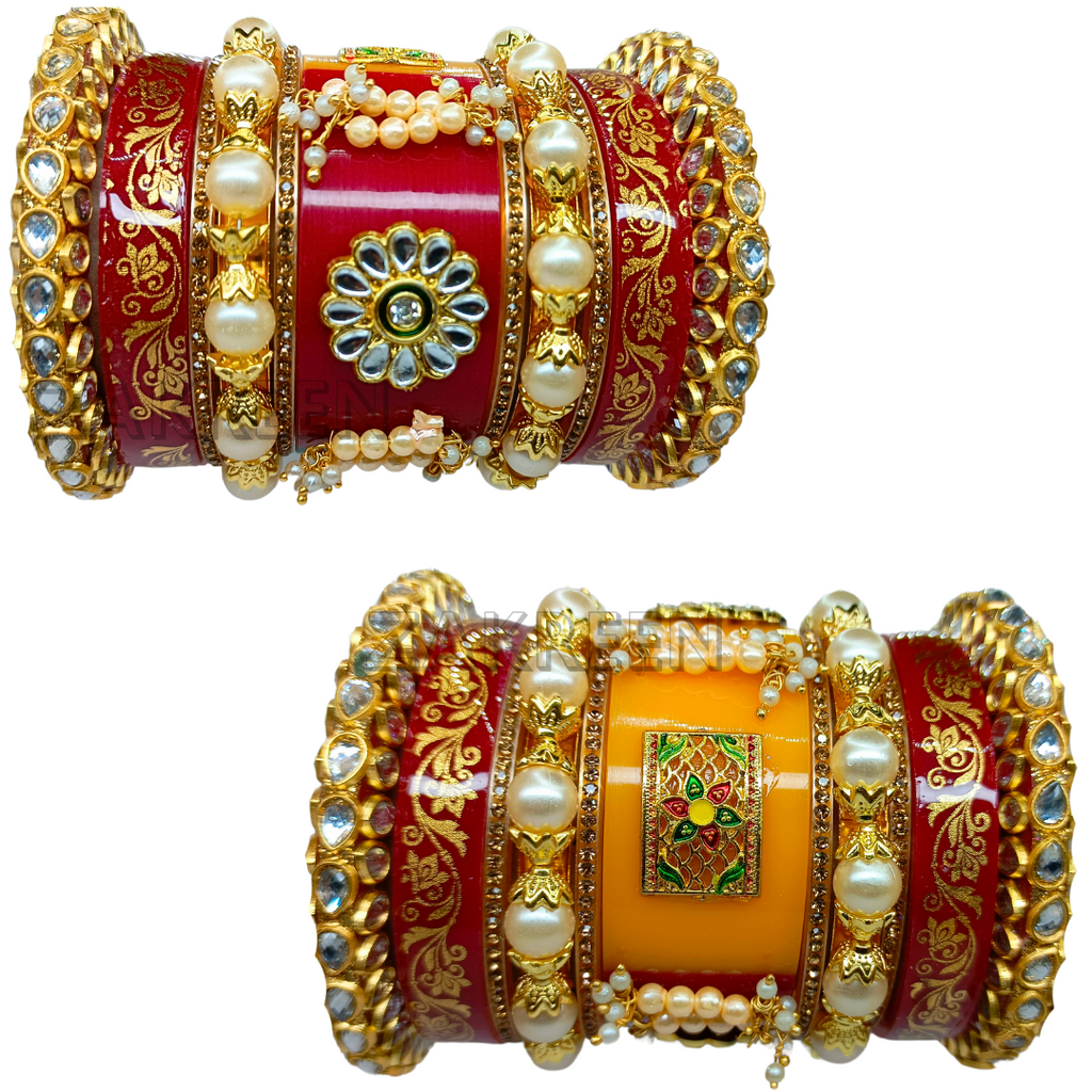 राजस्थानी पारंपरिक दुल्हन चूड़ा – लाल और नारंगी कलर में मोती और कुंदन वर्क के साथ