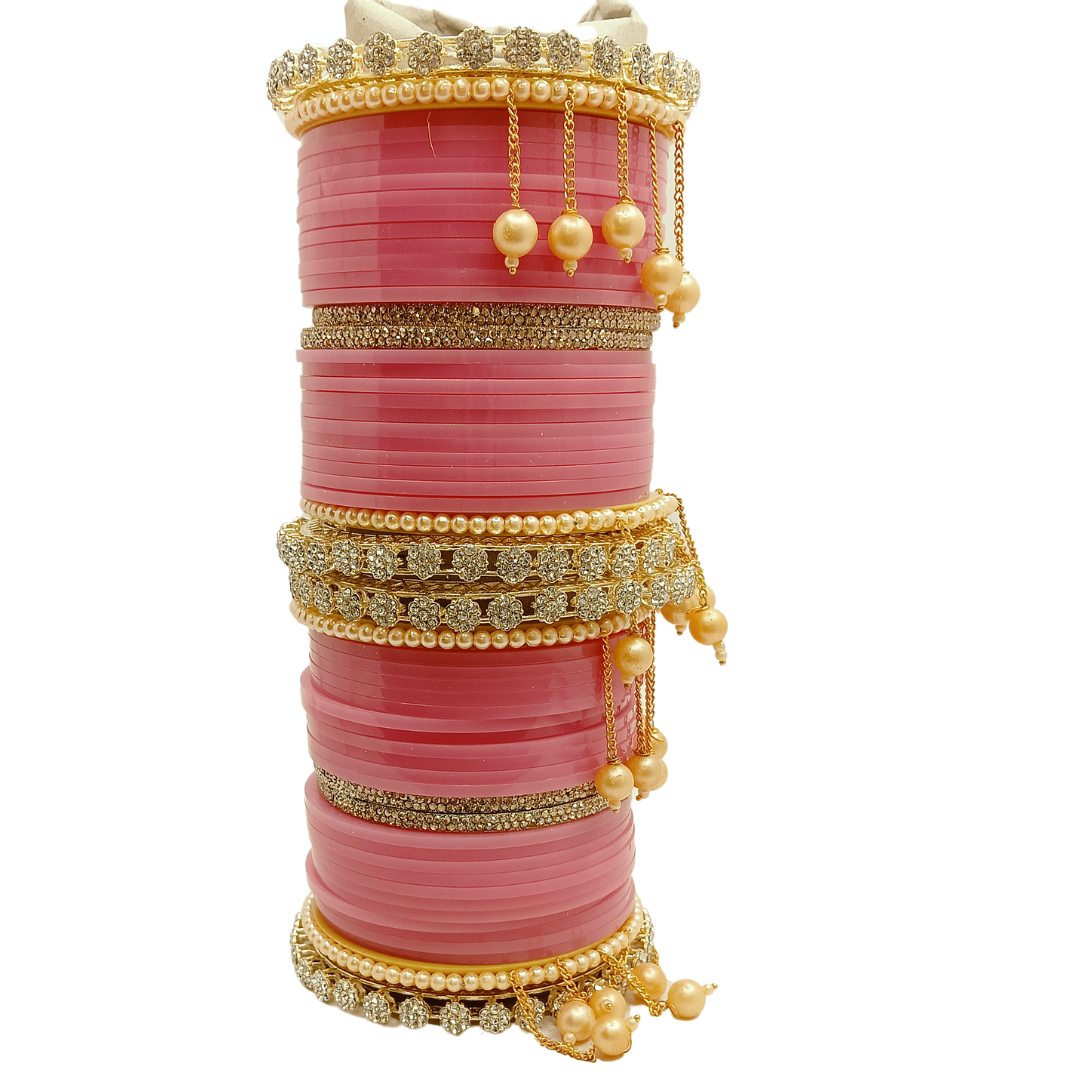 Zakreen Women's Designer Bridal Dulhan Pink Punjabi Chuda Bangle Set for Ladies