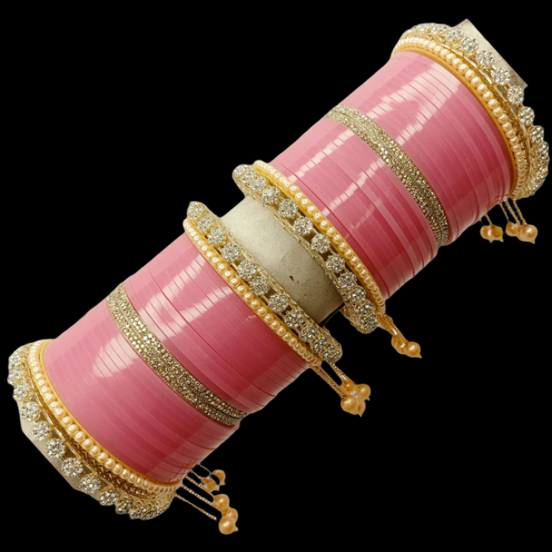 Zakreen Women's Designer Bridal Dulhan Pink Punjabi Chuda Bangle Set for Ladies