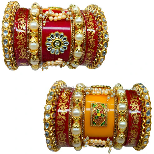 Royal Bridal Chura Set: Red and Yellow Kundan, Pearls & Intricate Carving