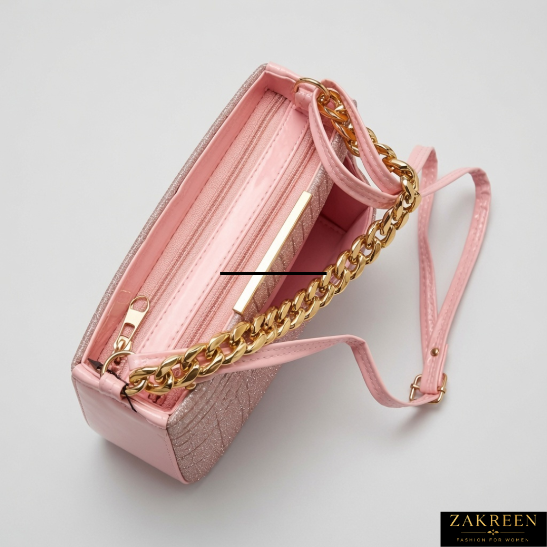 Zakreen Luxury Glitter Handbag for Women | Designer Shoulder Tote Bag with Zip Closure & Chain Handle