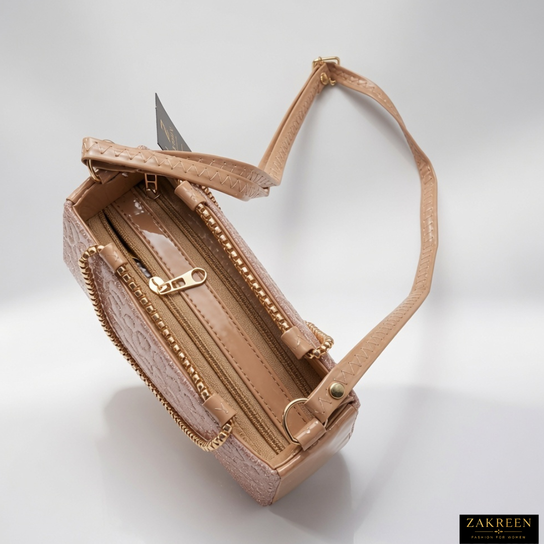 Zakreen Luxury Glitter Handbag for Women | Designer Shoulder Tote Bag with Zip Closure & Chain Handle