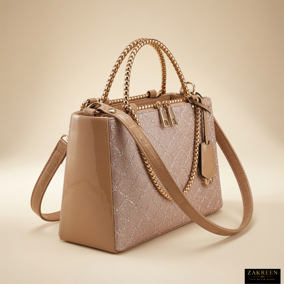 Zakreen Luxury Glitter Handbag for Women | Designer Shoulder Tote Bag with Zip Closure & Chain Handle