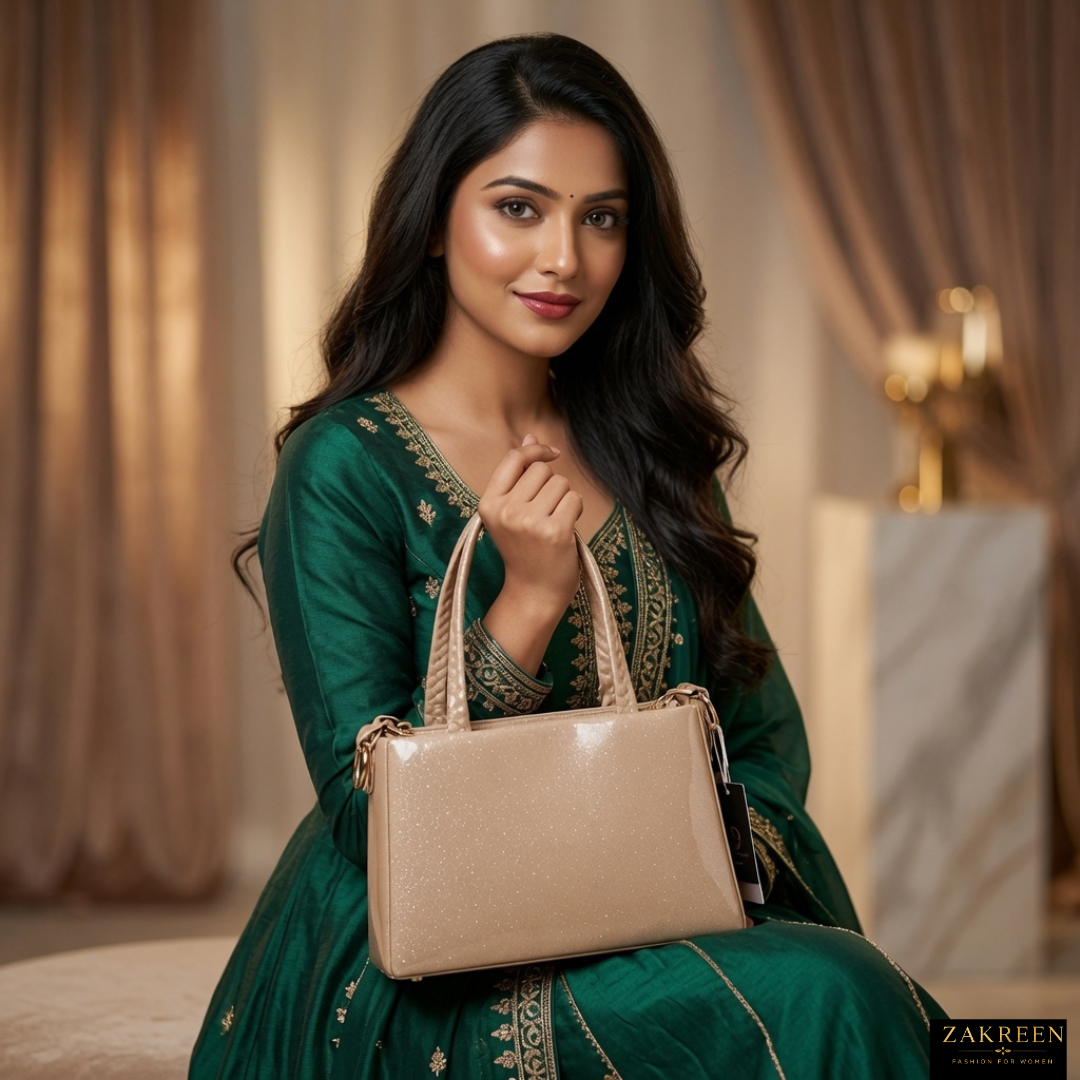 Zakreen Luxury Glitter Handbag for Women | Designer Shoulder Tote Bag with Zip Closure & Chain Handle
