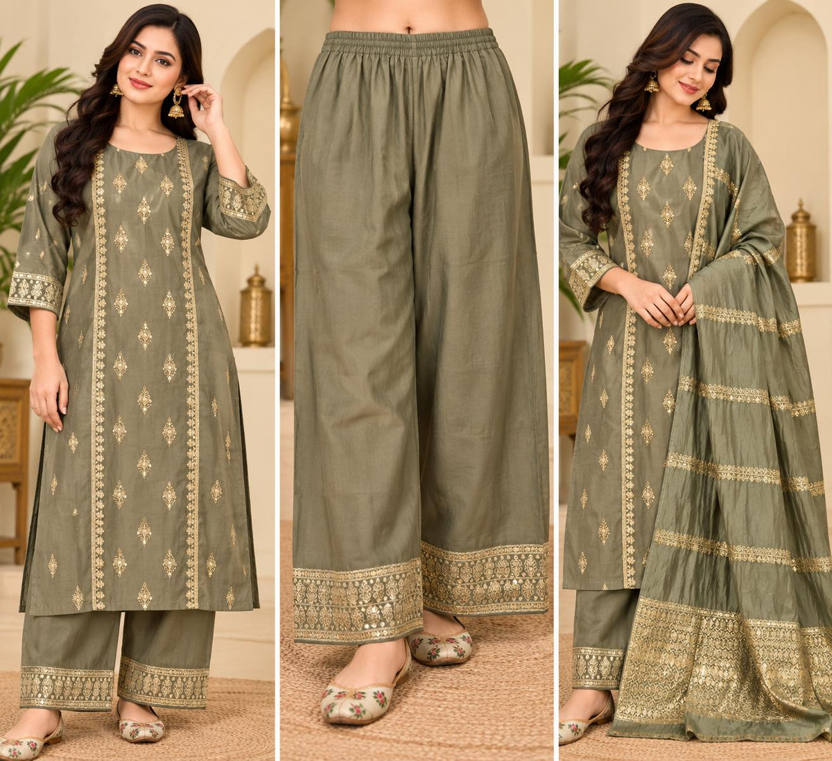 Women’s Olive Green Embroidered Kurta Pant Set with Dupatta | Elegant Ethnic Wear