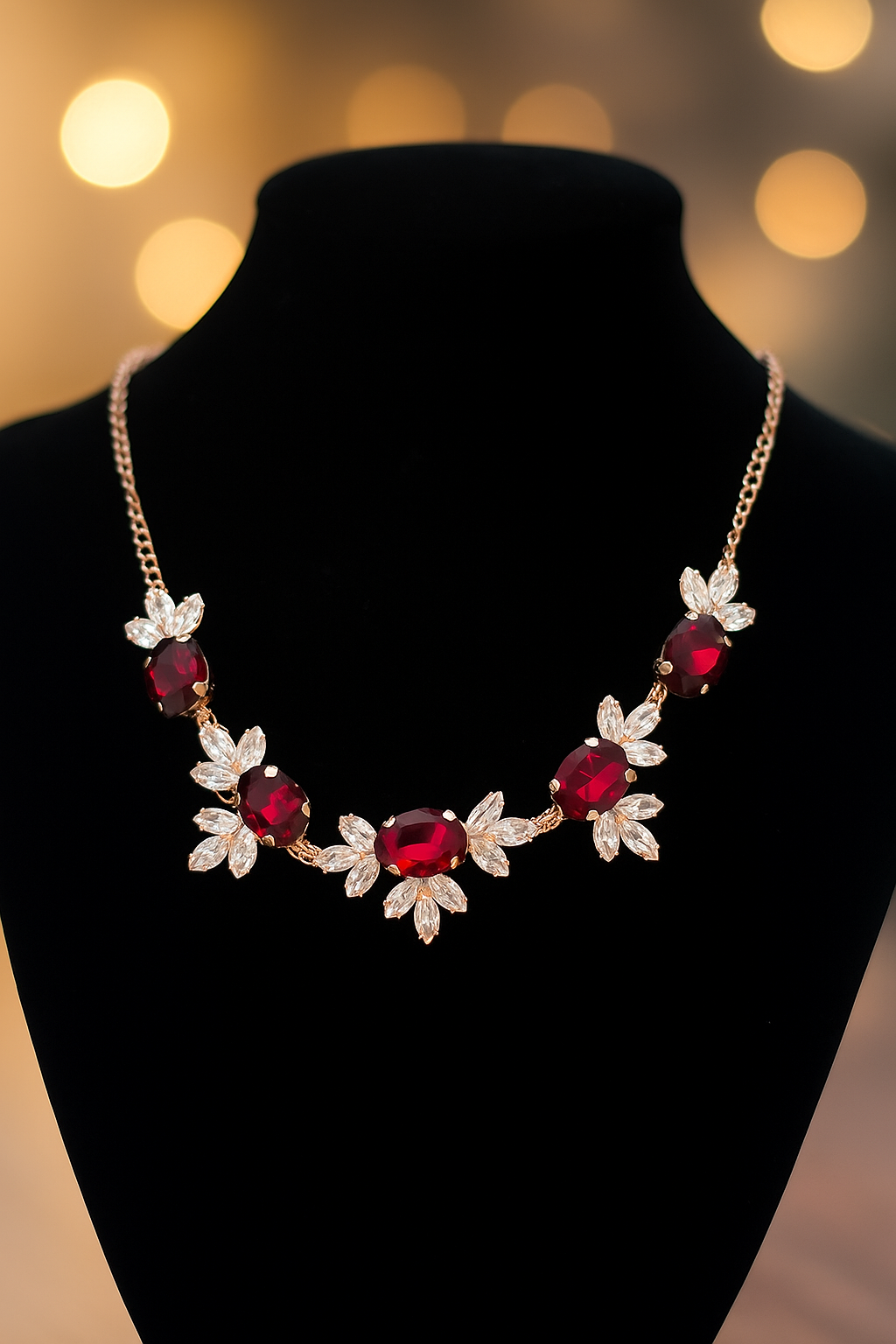 ✨Ruby Red & Elegant Crystal &Gold-Toned Necklace | Zakreen Collection ✨
