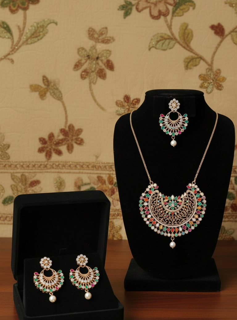 Traditional Multicolor Kundan Necklace Set with Matching Maang Tikka – Elegant Bridal & Party Jewelry | Zakreen Collection