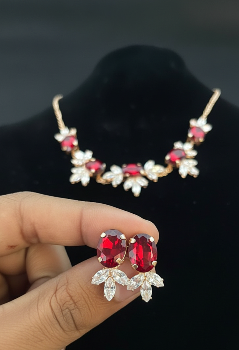 ✨Ruby Red & Elegant Crystal &Gold-Toned Necklace | Zakreen Collection ✨