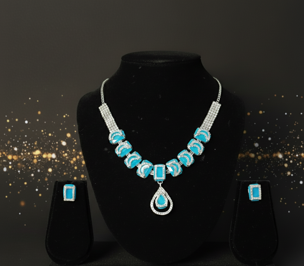 "Zakreen Silver Plated Blue Stone Necklace Set with Matching Earrings – Regal Luxury Collection"